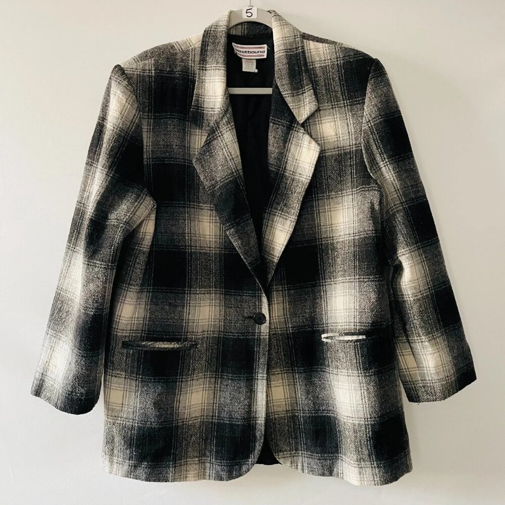 Vintage Westbound Womens Black Long Sleeve Wool Blend Classic Plaid Blazer Sz 14